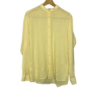 Mens Large Kora by Nilesh Mitesh 100% Linen Yellow Collarless Button Down Shirt